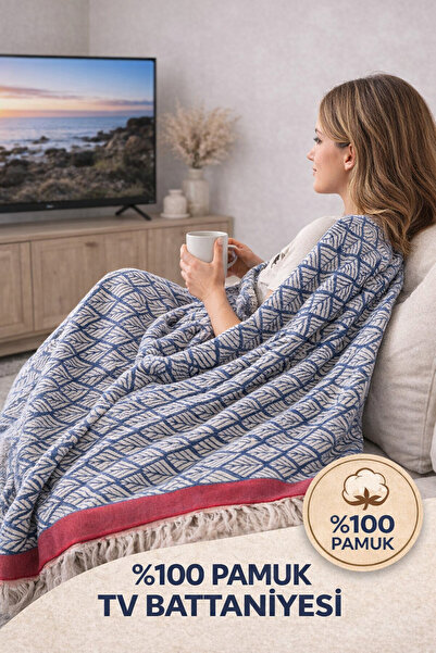 Ascotton %100 Pamuk Dokuma TV Battaniyesi – 130x170 cm (LACİVERT-KIRMIZI)