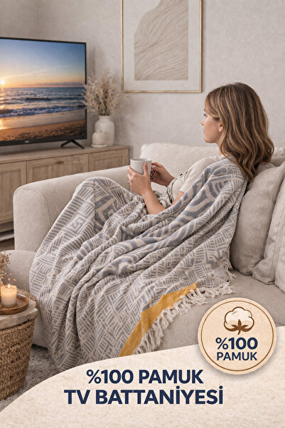 Ascotton %100 Pamuk Dokuma TV Battaniyesi – 130x170 cm (GRİ-SARI)