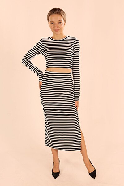 Rays Λευκό-Μαύρο Ριγέ Σετ Φούστα-Μπλούζα 8153