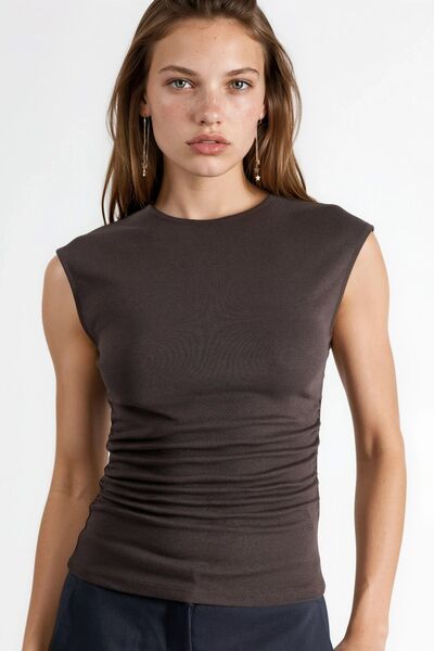 Hiccup Busem Sleeveless Draped Blouse with Crew Neck