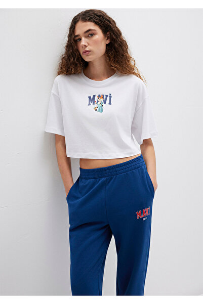 Mavi Tricou alb cu sigla pisici imprimat Crop / Cropped 1613284 -620