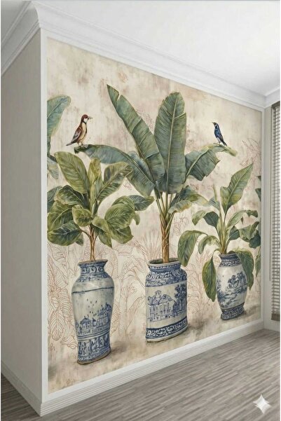 dekoartizan Saksılı Tropikal Bitkiler Duvar Kağıdı. 3 Saksılı Duvar Kağıdı. T...