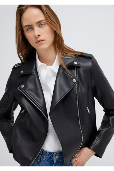 Mavi Biker Collar Μαύρο δερμάτινο τζάκετ με λεπτή εφαρμογή / στενό κόψιμο 111...