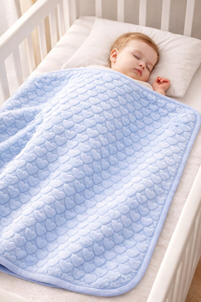 Kabartmalı Kalp Desenli Premium Peluş Bebek Battaniyesi – Mavi (120x100)