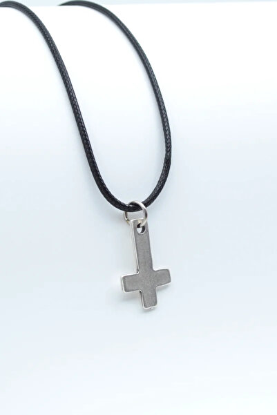 ıdr Minimal Ters Haç Gümüş Kaplama Deri İp Kolye