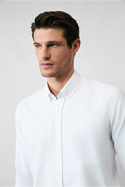 Kiğılı Uzun Kol Slim Fit Düğmeli Yaka Pamuklu Kolay Ütülenebilir 4 Mevsim Oxf...