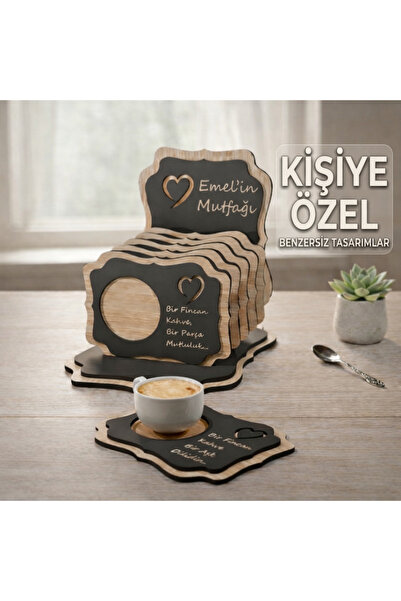 Kaplan Teknolojileri -İSME ÖZEL- Ahşap Kahve Fincan Altlığı - 6'lı Takım Stantlı