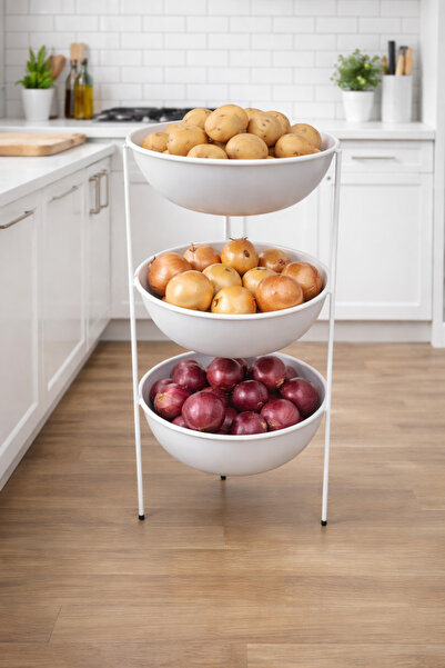 Kitchen Line Nova 3 Katlı Metal Sebzelik – Patates Soğan Meyve Organizer (Beyaz)