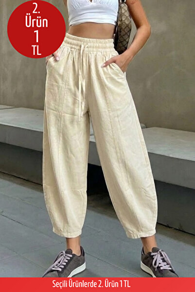 COMBİNE MİCHAİL Kadın Beli Lastikli Ekru Şalvar Pantolon