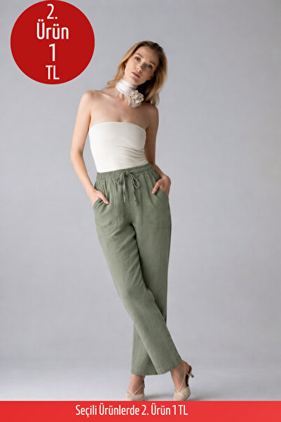COMBİNE MİCHAİL Kadın Lastikli Rahat Haki Keten Pantolon