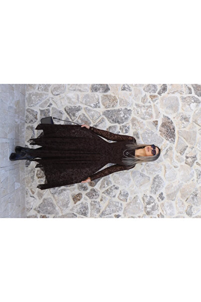 bytugcekaya Kahve Uzun Kollu Kadife İşlemeli Elbise