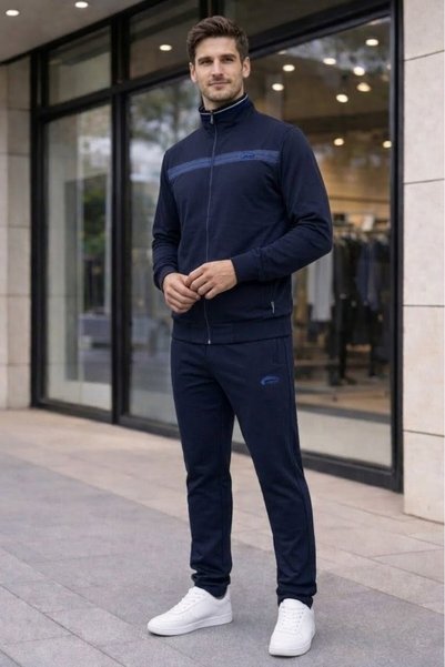 wera Navy Blue New Season Collar Embroidered Two-Thread Men's Tracksuit