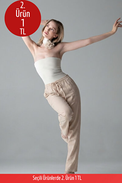 COMBİNE MİCHAİL Kadın Lastikli Rahat Bej Keten Pantolon