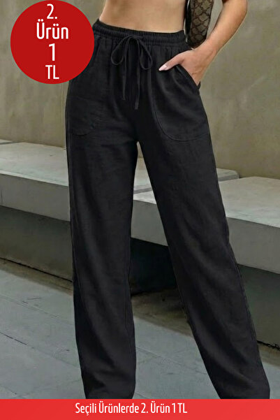COMBİNE MİCHAİL Kadın Beli Lastikli Siyah Keten Pantolon