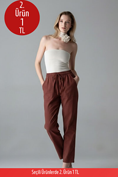COMBİNE MİCHAİL Kadın Lastikli Rahat Kiremit Keten Pantolon