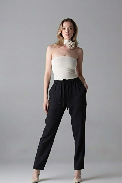 Kadın Lastikli Rahat Siyah Keten Pantolon