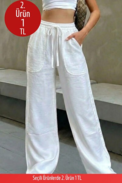 COMBİNE MİCHAİL Kadın Beli Lastikli Beyaz Keten Pantolon
