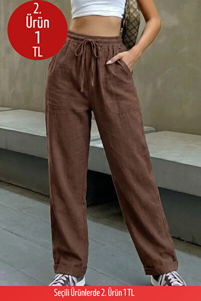 COMBİNE MİCHAİL Kadın Beli Lastikli Kahve Keten Pantolon