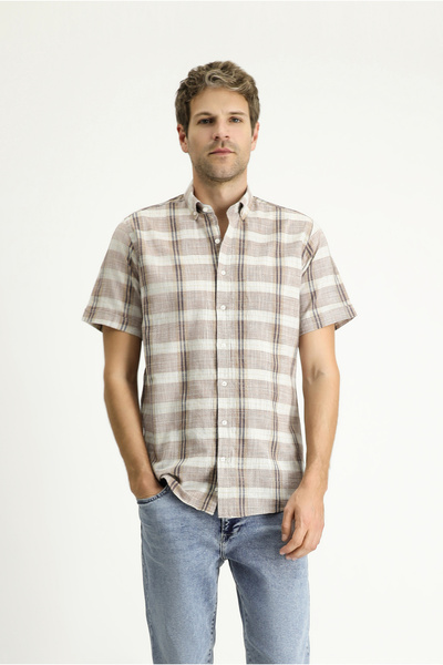 Kiğılı Short Sleeve Regular Fit Plaid Sports Cotton Button Collar Shirt