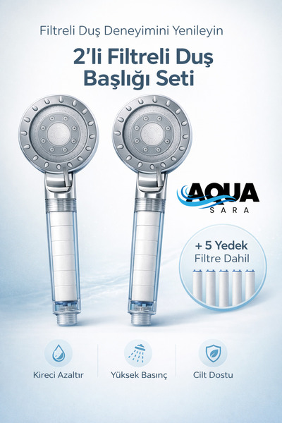 Aqua Sara 2 Adet Filtreli Duş Başlığı (5 ADET Filtre) Su Arıtmalı, Klor ve Ki...