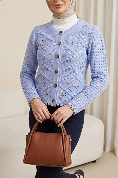 Modamorfo Baby Blue Floral Embroidered Openwork Knitwear Cardigan