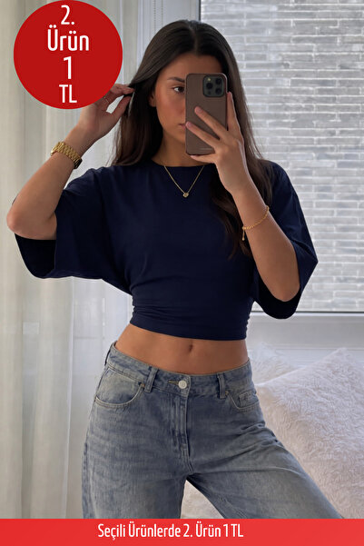 COMBİNE MİCHAİL Kadın Vücuda Oturan Geniş Kol Lacivert Bluz