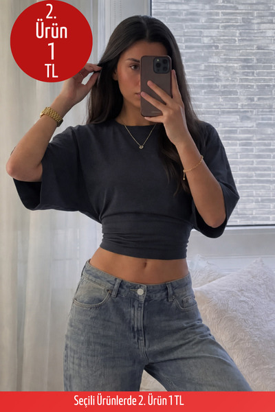 COMBİNE MİCHAİL Kadın Vücuda Oturan Geniş Kol Füme Bluz