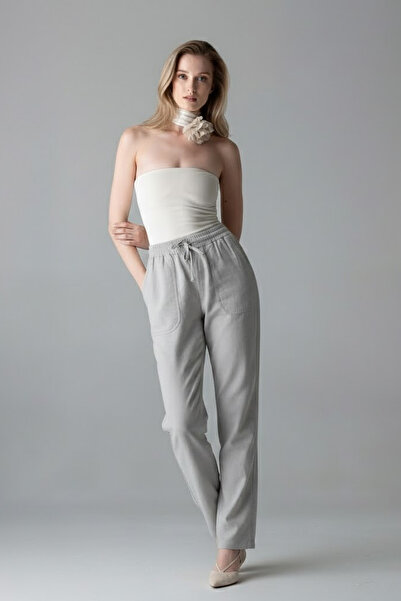 Kadın Lastikli Rahat Gri Keten Pantolon