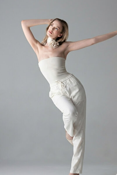 COMBİNE MİCHAİL Γυναικείο ελαστικό άνετο λευκό λινό παντελόνι