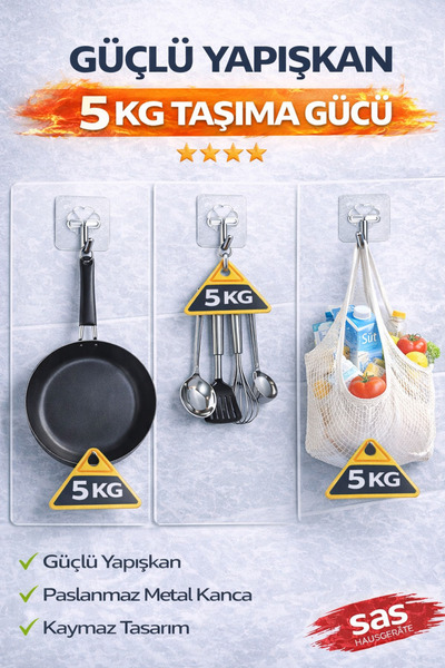 Sas Haus 5’li Şeffaf Yapışkanlı Duvar Askısı, Kendinden Yapışkanlı Güçlü Kanca, Mutfak & Banyo Sticker