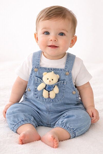 VERONA TARZ Kız Erkek Bebek Jean Kot Salopet Tulum 2li Set Takım Ayıcık Oyunc...