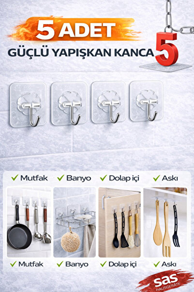 Sas Haus 5’li Şeffaf Yapışkanlı Duvar Askısı, Kendinden Yapışkanlı Güçlü Kanc...