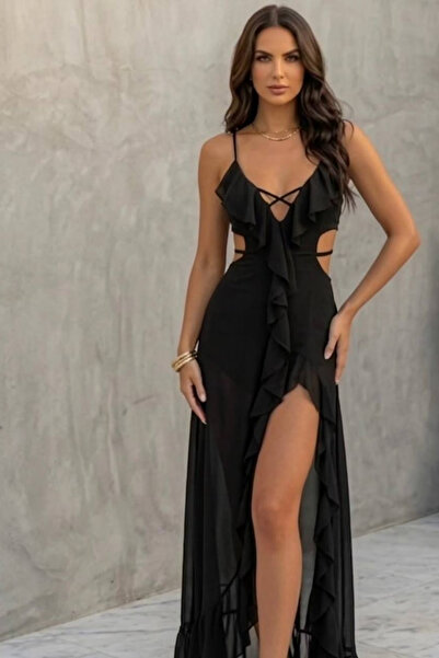 Love Fab Thin Straps Backless Slit Ruffle Dress