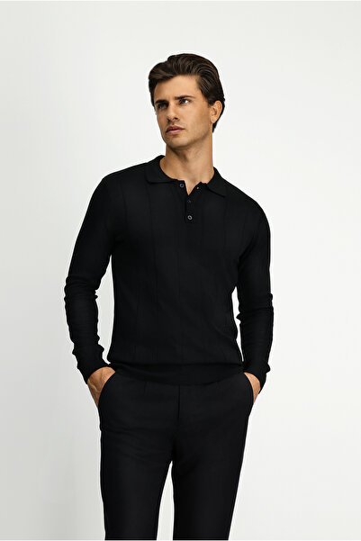 Kiğılı Pulover tricotat cu dungi, cu guler polo, cu nasturi, cu croiala normala