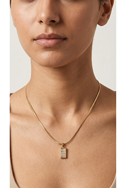 Universal Işıltılı Zirkon Taşlı Dikdörtgen Minimalist Kolye - 22 Ayar Altın K...