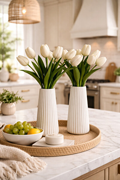 millonu مزهريتان أنيقتان من السيراميك الأبيض المخطط من ليمودرن للزينة - تصميم...