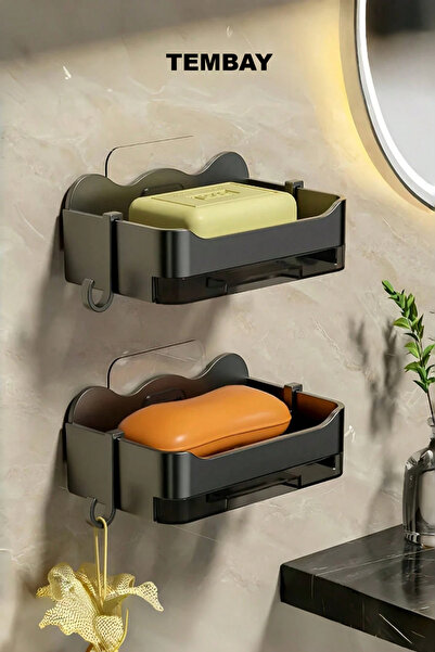 TEMBAY Siyah Yapışkanlı Modern Kare Sabunluk 1 Adet