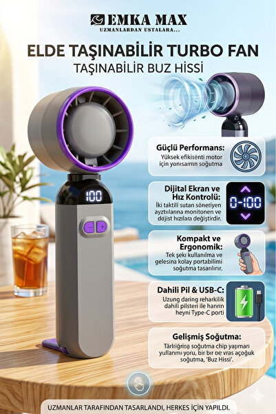 EMKA MAX Dijital Ekranlı Turbo El Fanı - 100 Kademeli Şarjlı Taşınabilir Fan ...