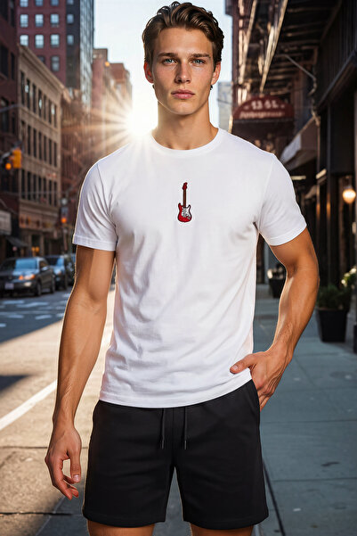 RunGear Up Men's Guitar Embroidered White 100% Cotton T-Shirt Regular Fit / M...