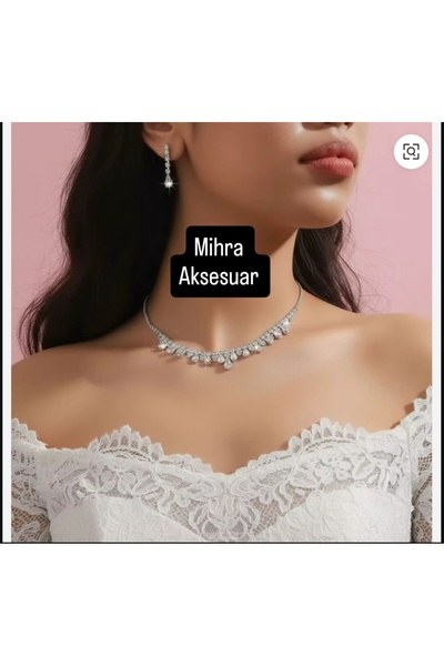 Mihra Aksesuar Kristal Taşlı Kolye Küpe Set Gümüş kaplama 35 cm taşlı kısmı 10 cm uzatma zincir payı var