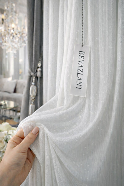 BEYAZLANT Simli Lüks Bambu Premium Dökümlü Yoğun Doku | 1/3 Sık Pileli Tül Pe...