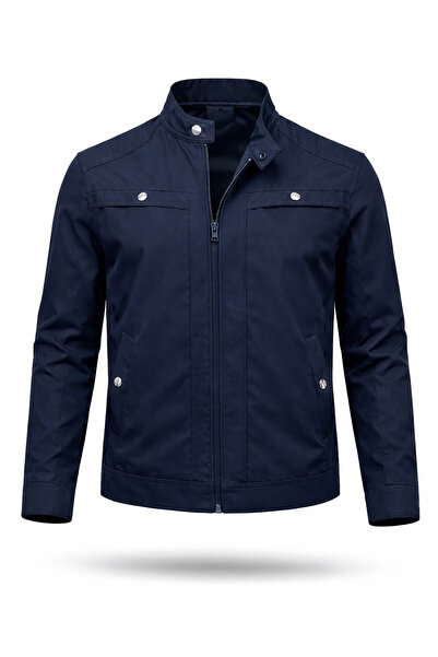 REGOS سترة معطف موسمية رفيعة للرجال باللون الأزرق الداكن وأكتاف مطرزة بأكمام ...