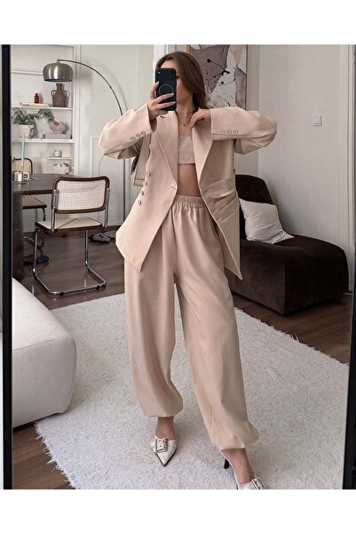 FERZOLAİO طقم بنطلون بليزر بيج من بيل بأربطة