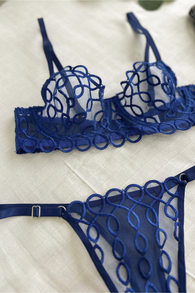 Lorinyo Kadın Mavi Zincir Desenli Transparan Tül Bralet Takımı - Balenli Şık ...