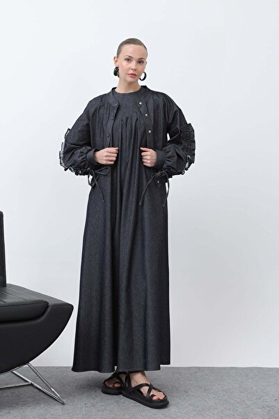 Loreen طقم فستان نسائي بتفاصيل كموفة على الأكمام -20654TKS - كحلي