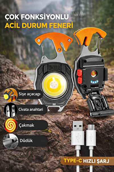 Janva Kamp Feneri Çok Fonksiyonlu Fener Anahtarlık Usb Çakmak Cam Kırıcı Kesi...