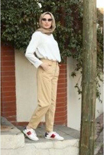 Neways 1143-Denim Parça Boya Pensli Pantolon Bej