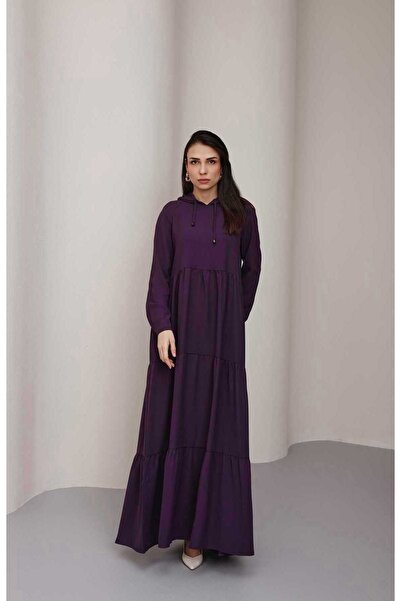 Neways 6531-Berlin Kapşonlu Reglan Kollu Elbise Mürdüm