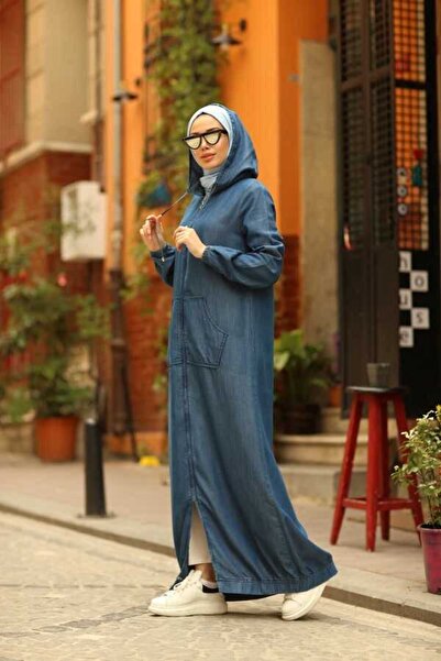Neways 6475-Denim UZUN Kapşonlu fermuarlı tunik Koyu Mavi