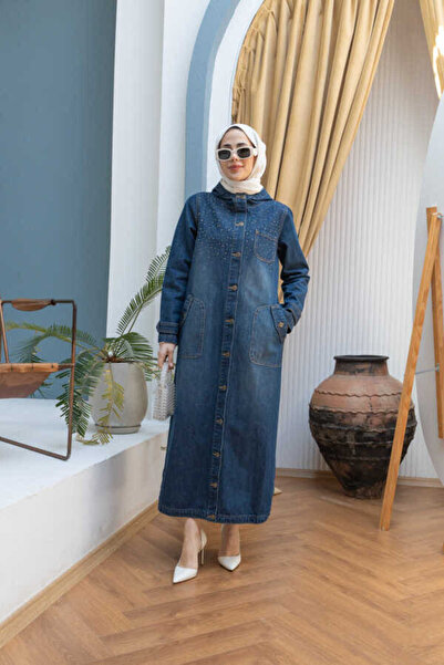 Neways 6329-Taşlı Denim Kapşonlu Kap Koyu Mavi